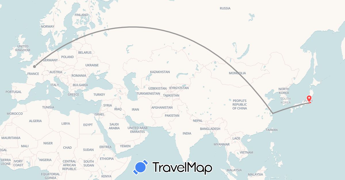 TravelMap itinerary: driving, plane, hiking in China, France, Japan (Asia, Europe)